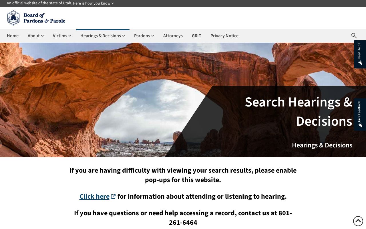 Juab County parole release hearing and decision search fields
